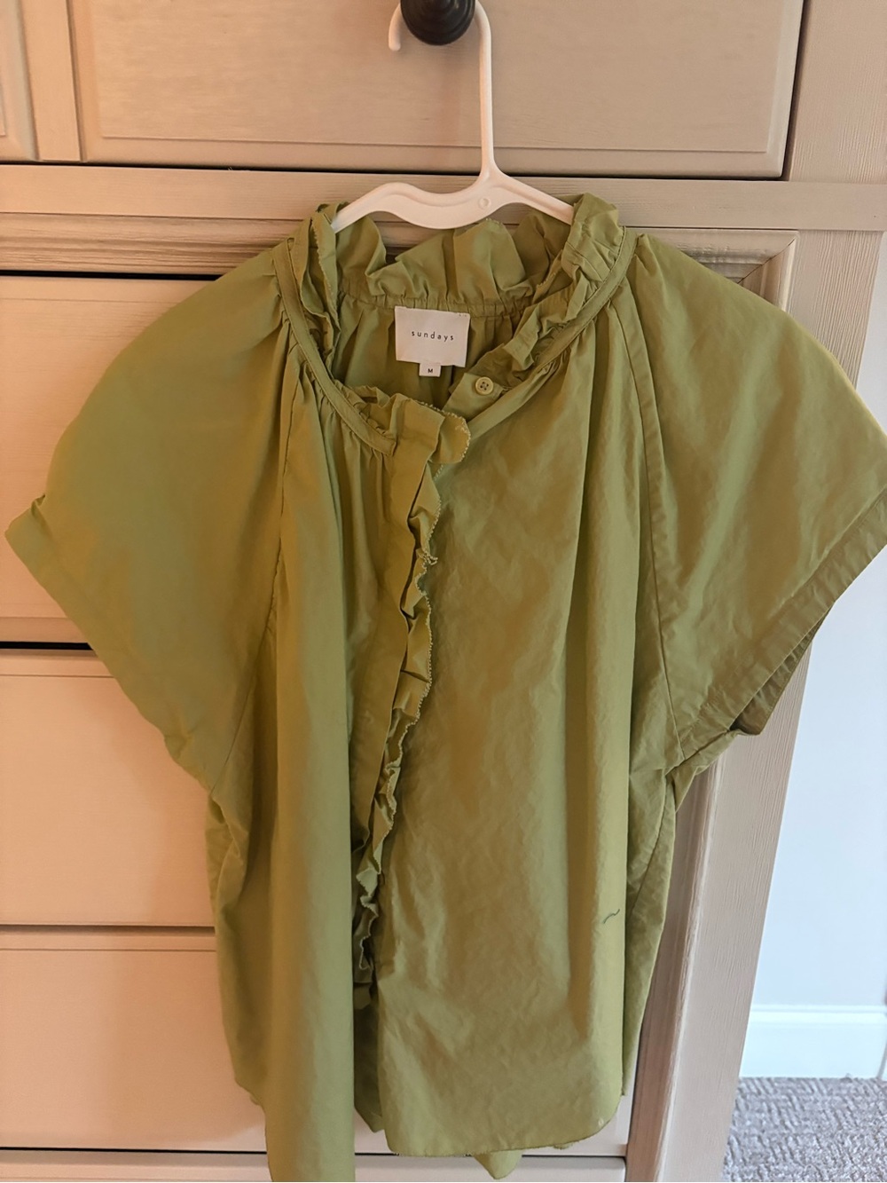 sundays Olive Green Ruffle-Trim Short Sleeve Blouse